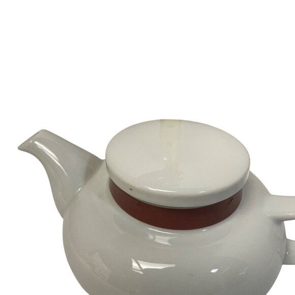 Toscony Vintage White Ceramic Teapot With Red Accent Band 4" x 8.5" - Picture 5 of 6